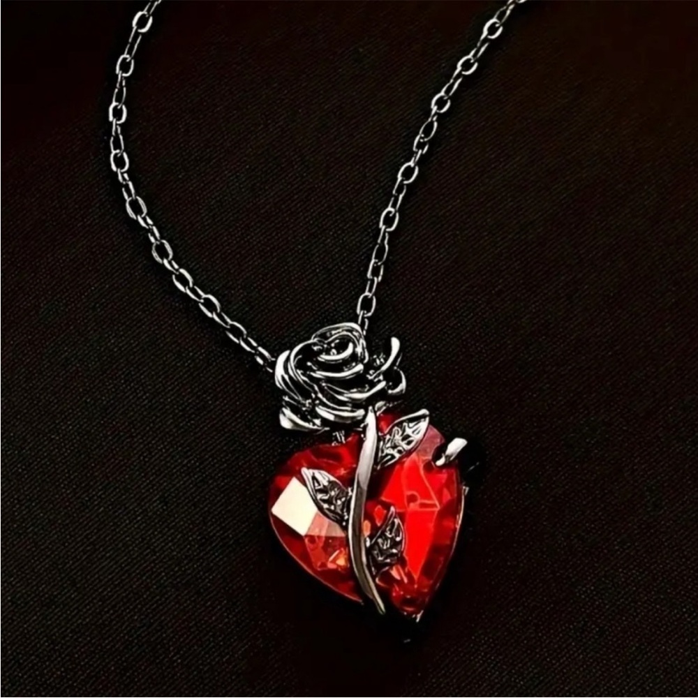 Radiant Red Heart Pendant Necklace with Silver Rose